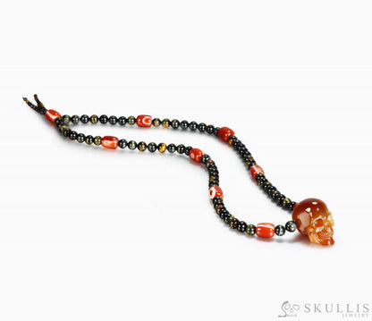 Gem Skull Pendant Necklace Of Carnelian Carved Skull With Gold Tiger Eye & Agate Beads Pendants