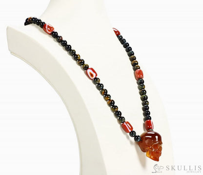 Gem Skull Pendant Necklace Of Carnelian Carved Skull With Gold Tiger Eye & Agate Beads Pendants