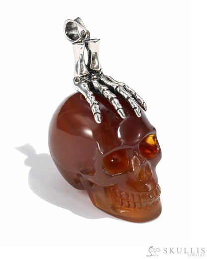 Gem Skull Pendant Necklace Of Carnelian Crystal Carved Skull With Detachable Silver Jaw In