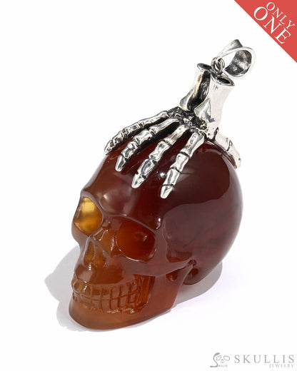 Gem Skull Pendant Necklace Of Carnelian Crystal Carved Skull With Detachable Silver Jaw In