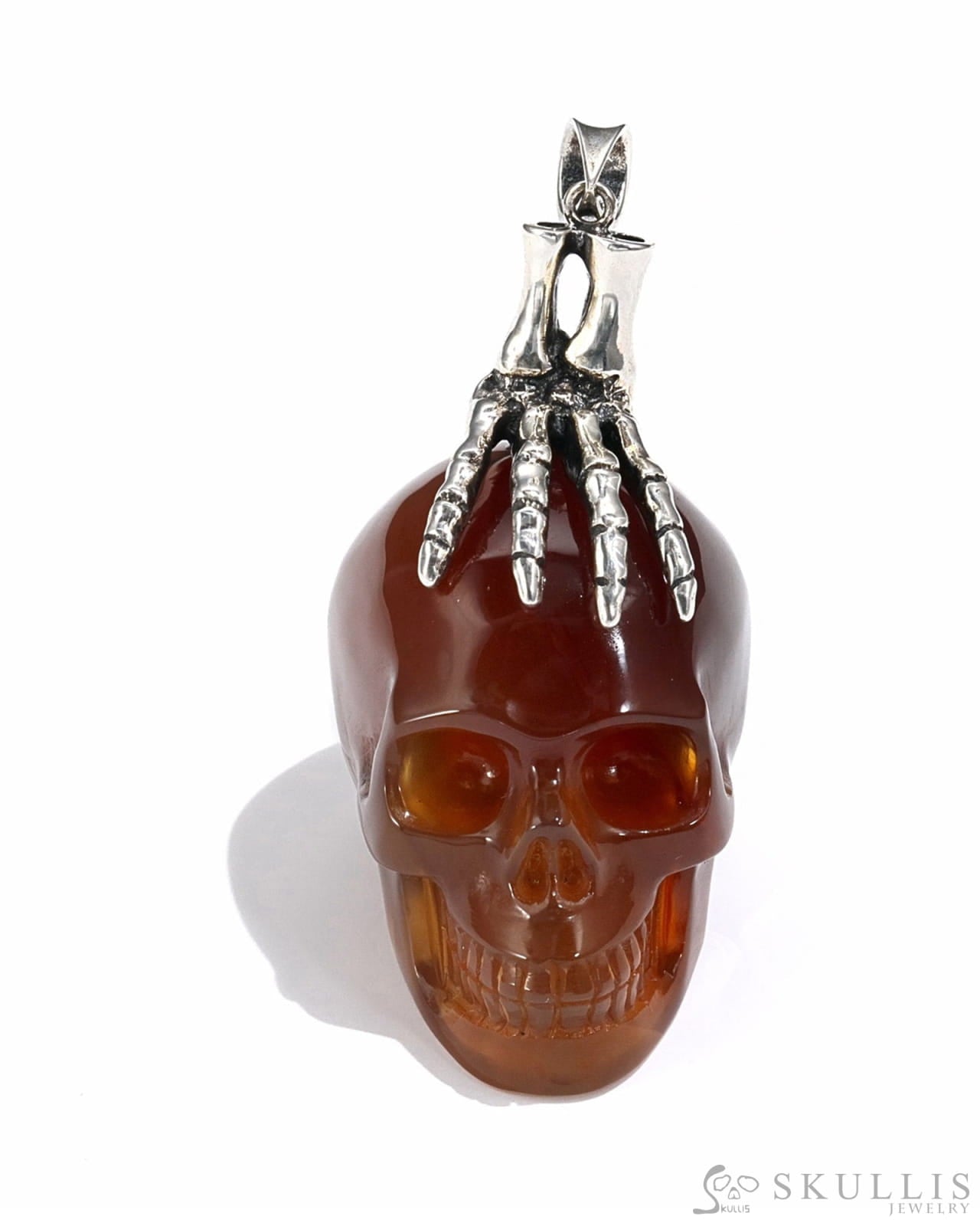 Gem Skull Pendant Necklace Of Carnelian Crystal Carved Skull With Detachable Silver Jaw In