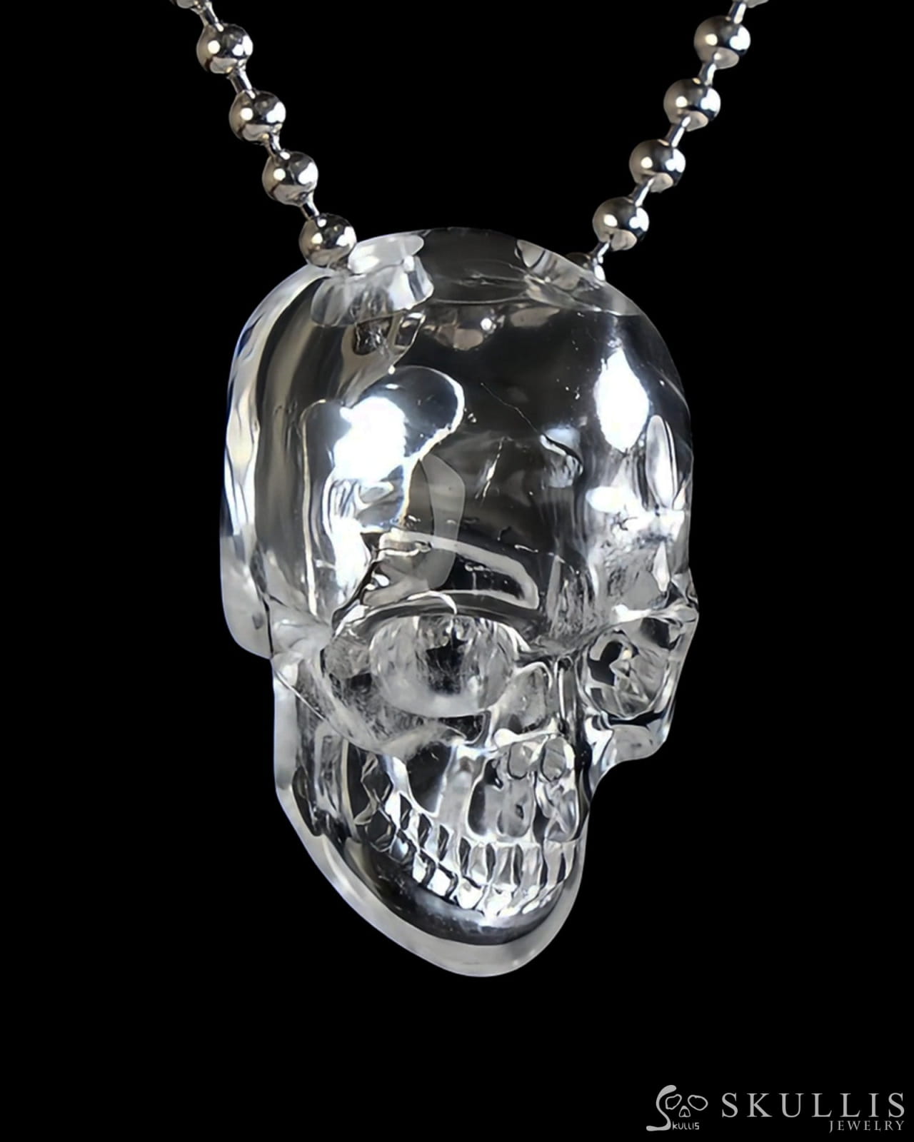 Gem Skull Pendant Necklace of Clear Quartz Carved Hollow Skull with 925 Silver Chain - S0001808 Skull Pendants