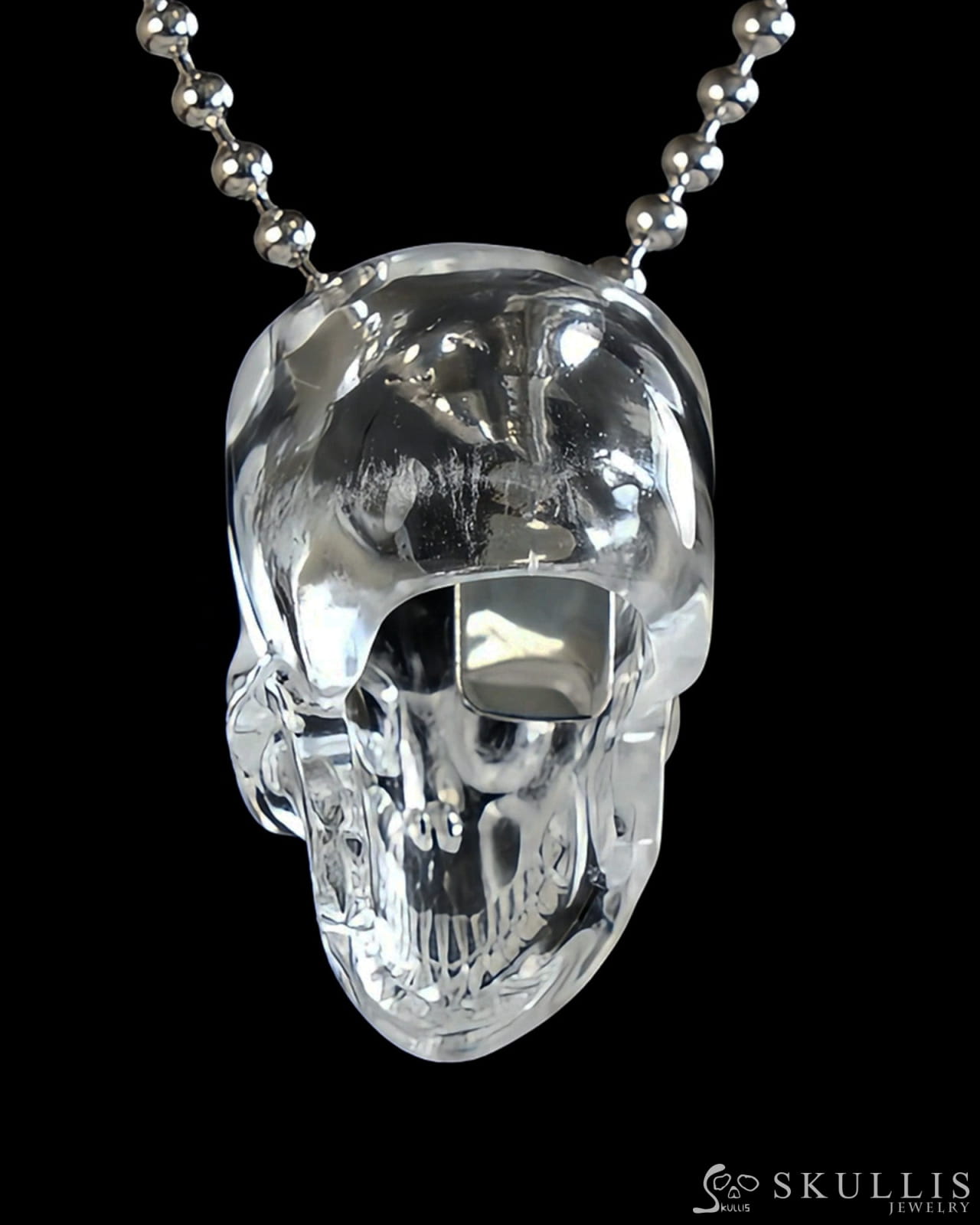 Gem Skull Pendant Necklace of Clear Quartz Carved Hollow Skull with 925 Silver Chain - S0001808 Skull Pendants