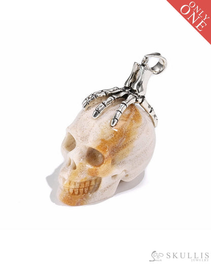 Gem Skull Pendant Necklace Of Coral Fossil Carved With Skeleton Hand In 925 Sterling Silver -