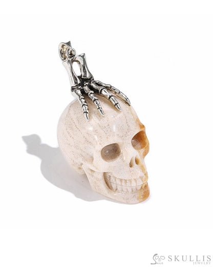 Gem Skull Pendant Necklace Of Coral Fossil Carved With Skeleton Hand In 925 Sterling Silver -