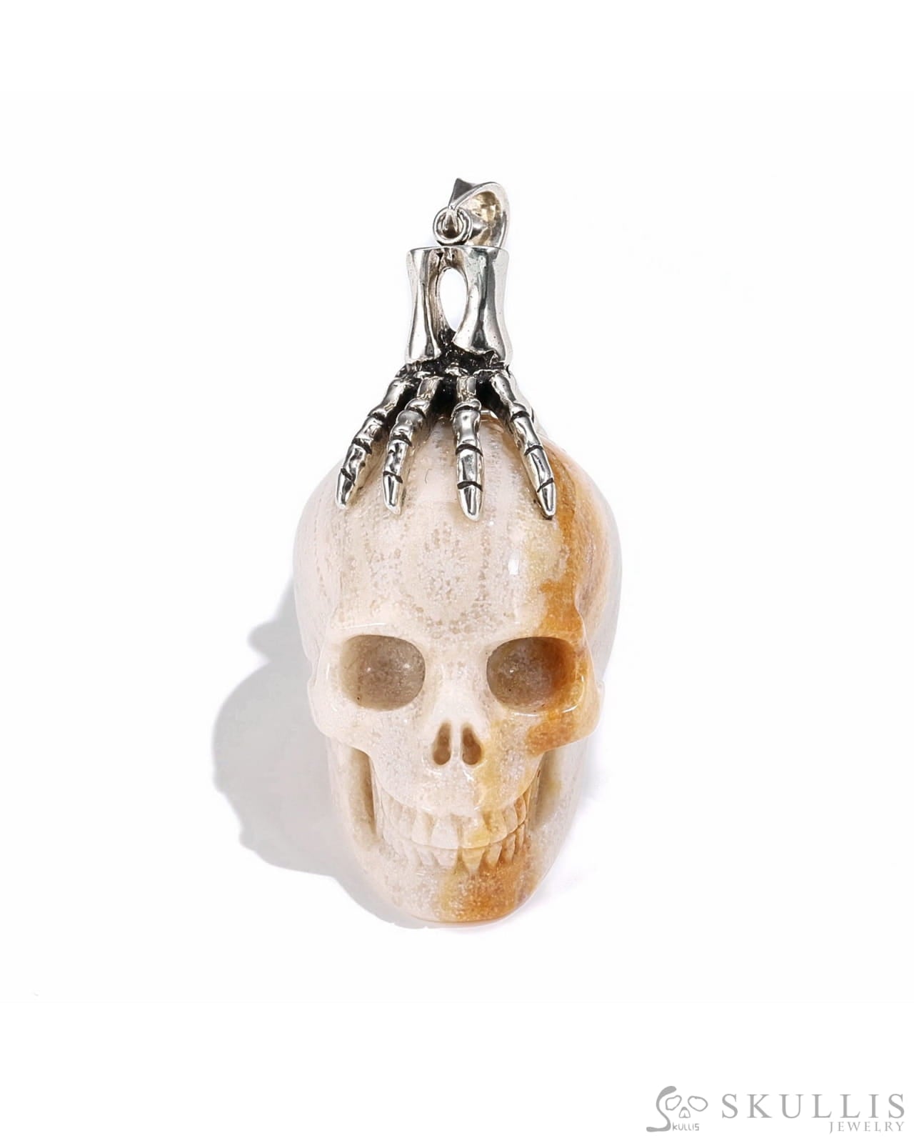 Gem Skull Pendant Necklace Of Coral Fossil Carved With Skeleton Hand In 925 Sterling Silver -