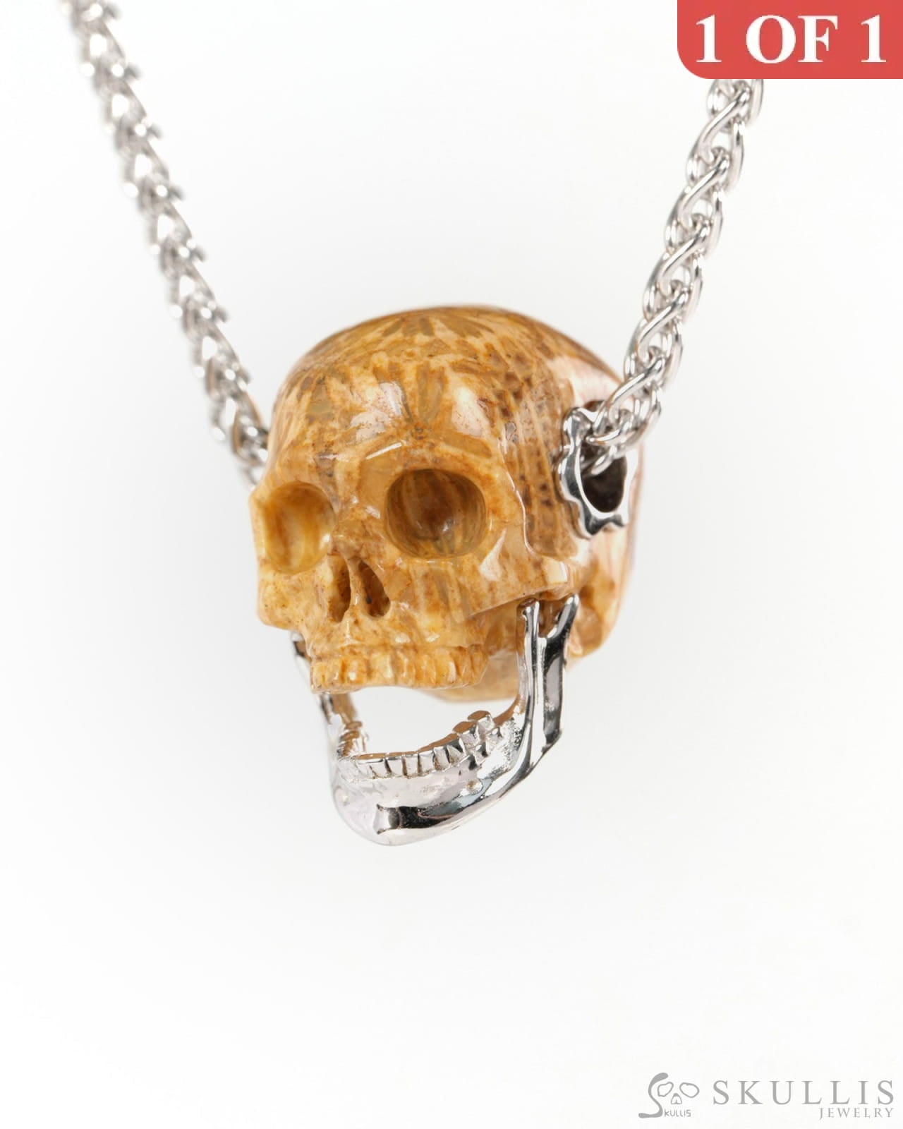 Gem Skull Pendant Necklace of Coral Fossil Hand Carved Skull with Movable Jaw in 925 Sterling Silver - ZR19900141