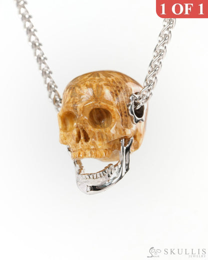 Gem Skull Pendant Necklace of Coral Fossil Hand Carved Skull with Movable Jaw in 925 Sterling Silver - ZR19900141