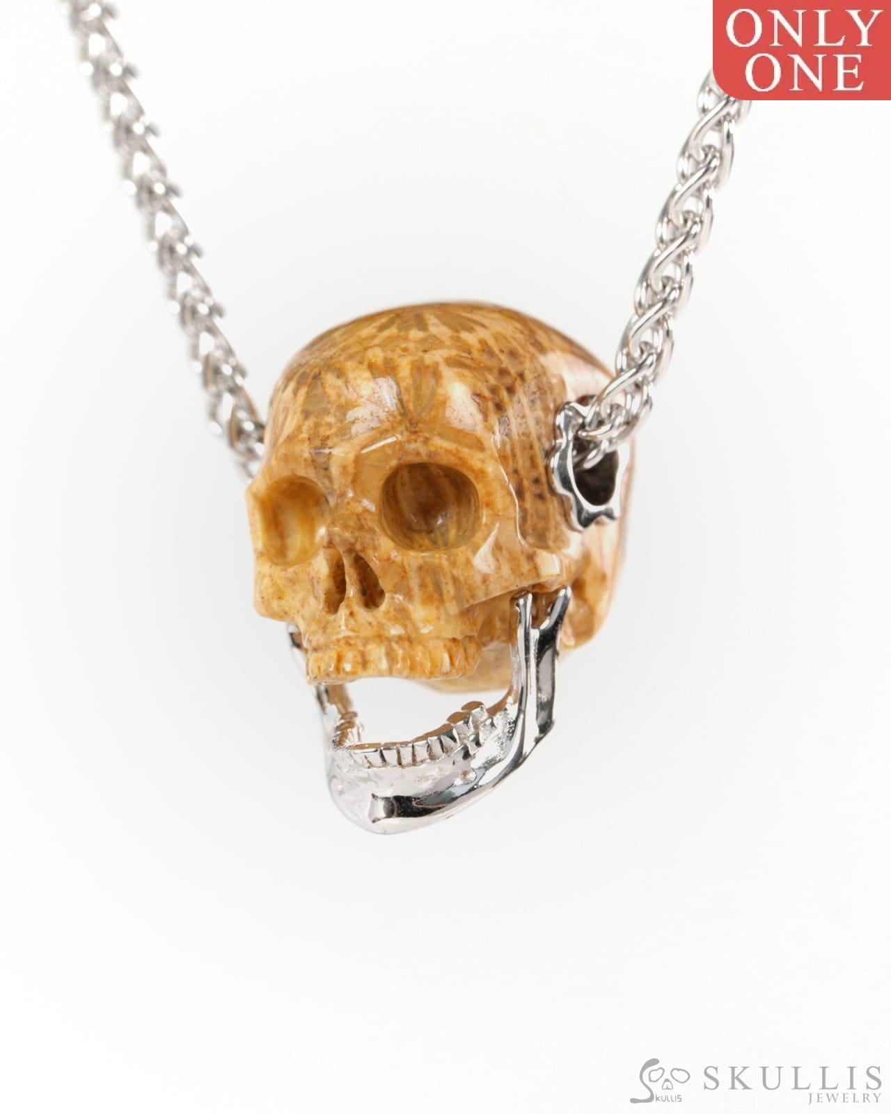 Gem Skull Pendant Necklace of Coral Fossil Hand Carved Skull with Movable Jaw in 925 Sterling Silver - ZR19900141