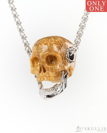 Gem Skull Pendant Necklace of Coral Fossil Hand Carved Skull with Movable Jaw in 925 Sterling Silver - ZR19900141
