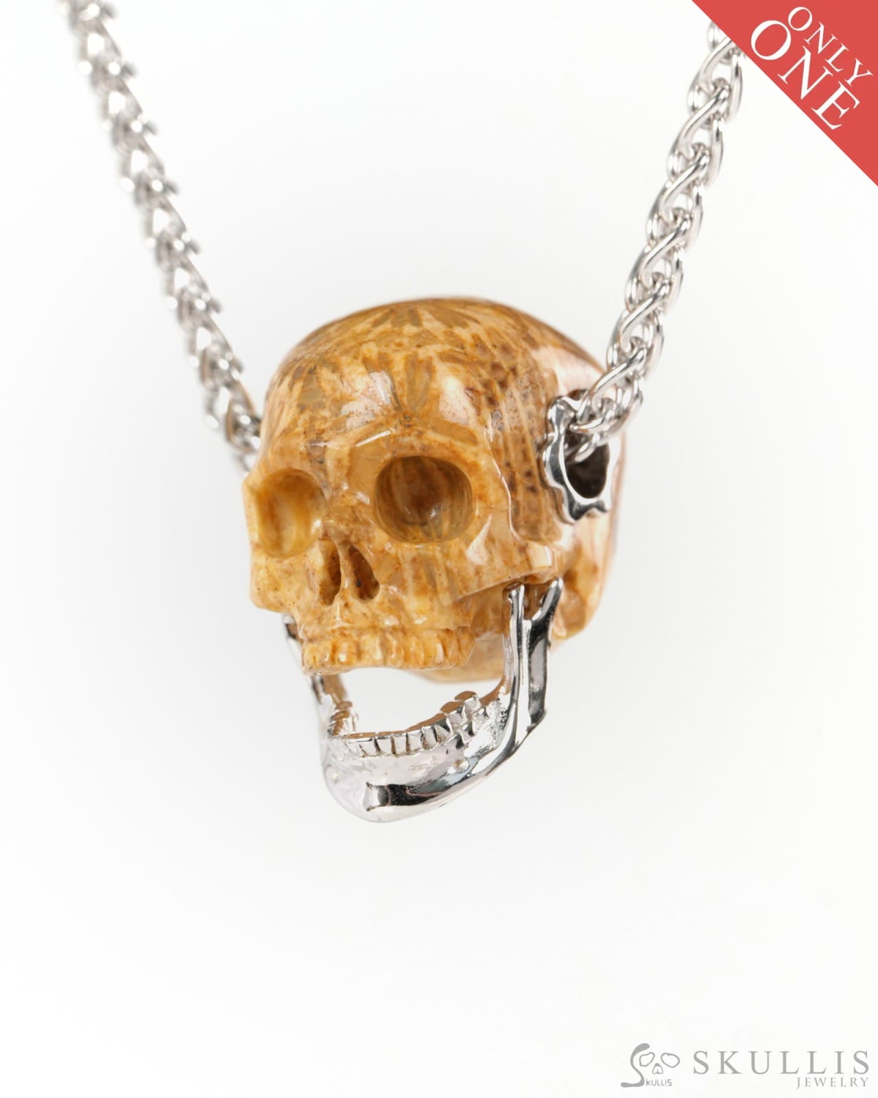 Gem Skull Pendant Necklace of Coral Fossil Hand Carved Skull with Movable Jaw in 925 Sterling Silver - ZR19900141