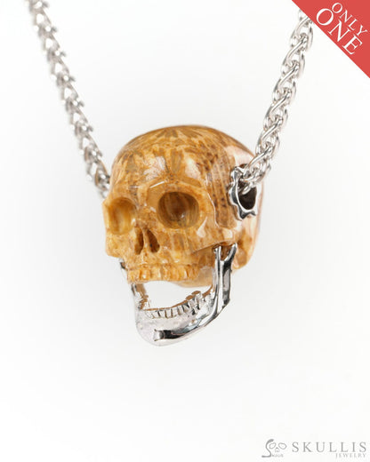 Gem Skull Pendant Necklace of Coral Fossil Hand Carved Skull with Movable Jaw in 925 Sterling Silver - ZR19900141
