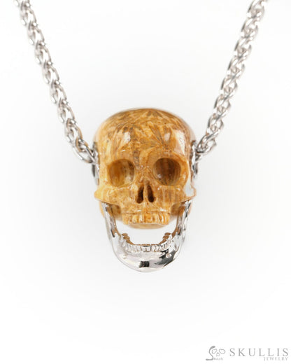 Gem Skull Pendant Necklace of Coral Fossil Hand Carved Skull with Movable Jaw in 925 Sterling Silver - ZR19900141