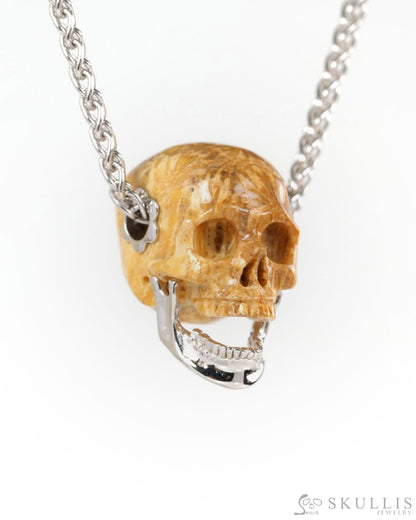 Gem Skull Pendant Necklace of Coral Fossil Hand Carved Skull with Movable Jaw in 925 Sterling Silver - ZR19900141
