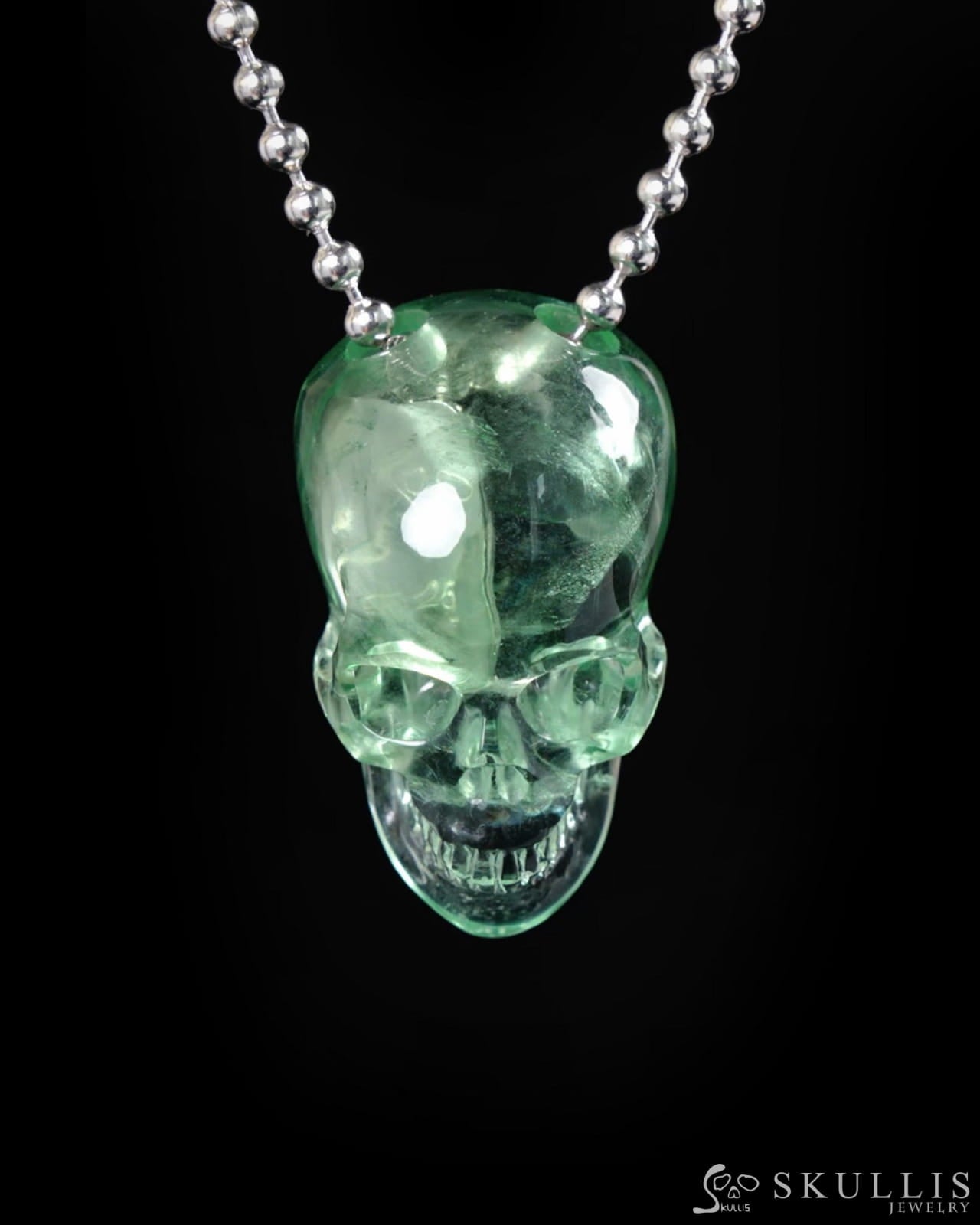 Gem Skull Pendant Necklace of Fluorite Carved Skull 925 Sterling Silver - 9500265 One of a Kind