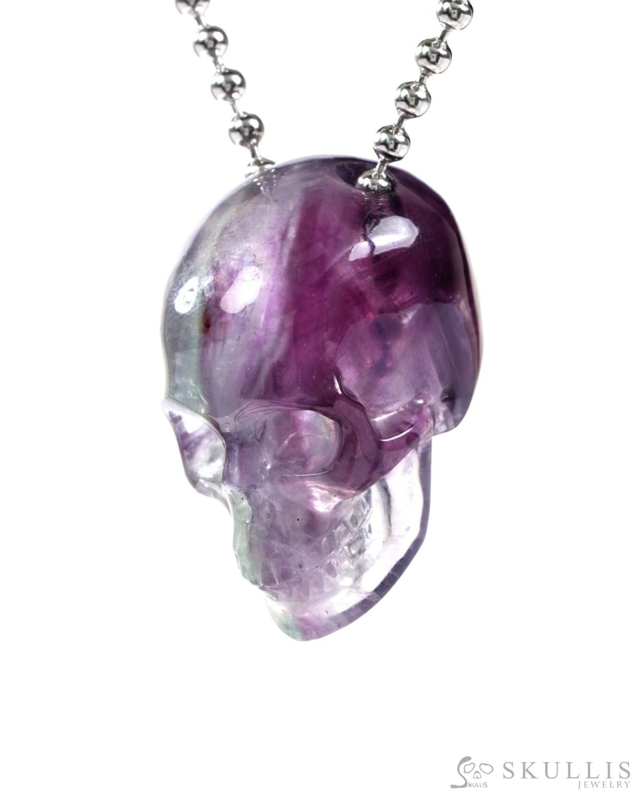 Gem Skull Pendant Necklace of Fluorite Carved Skull with 925 Sterling Silver Chain - 9500239 One of a Kind