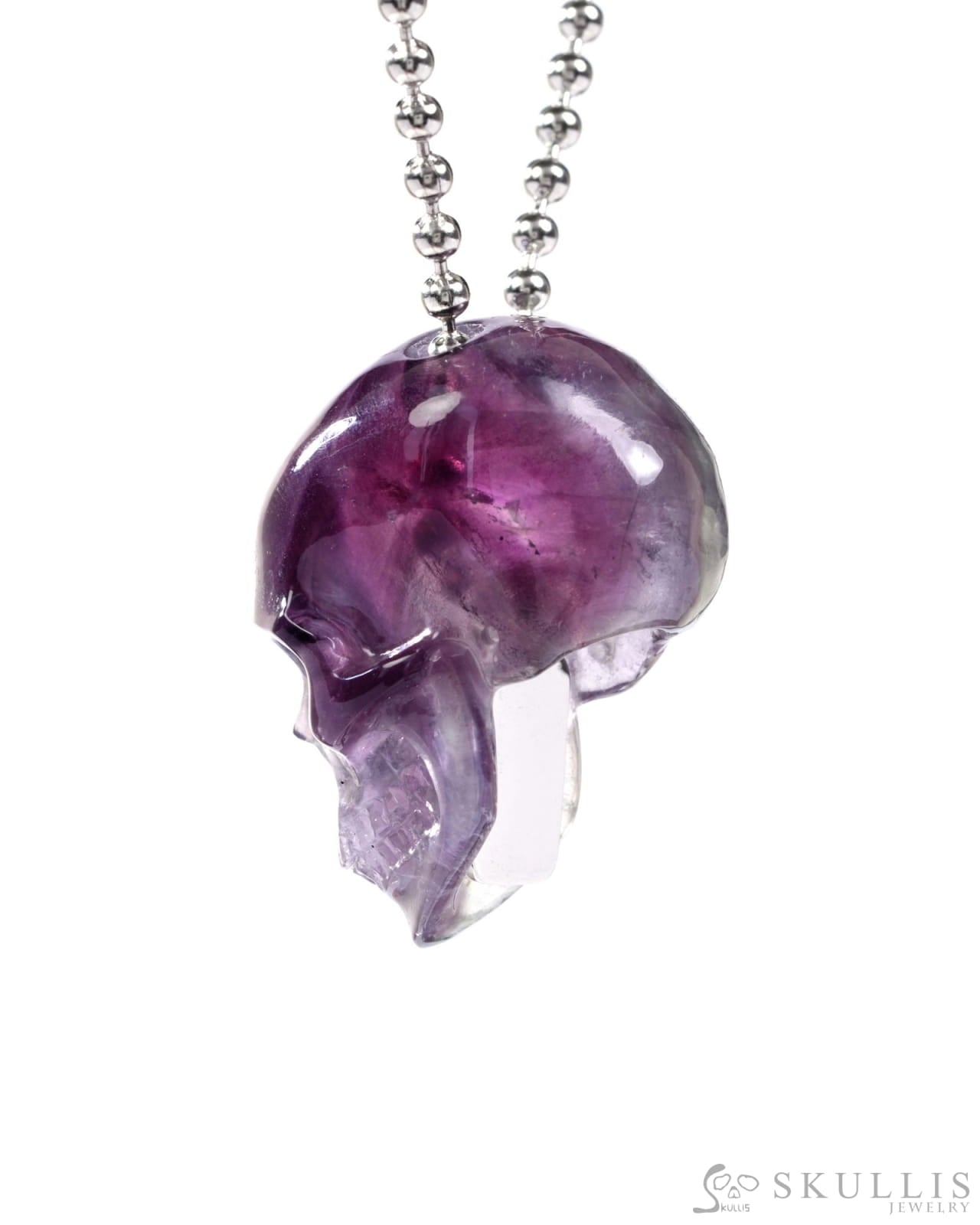 Gem Skull Pendant Necklace of Fluorite Carved Skull with 925 Sterling Silver Chain - 9500239 One of a Kind