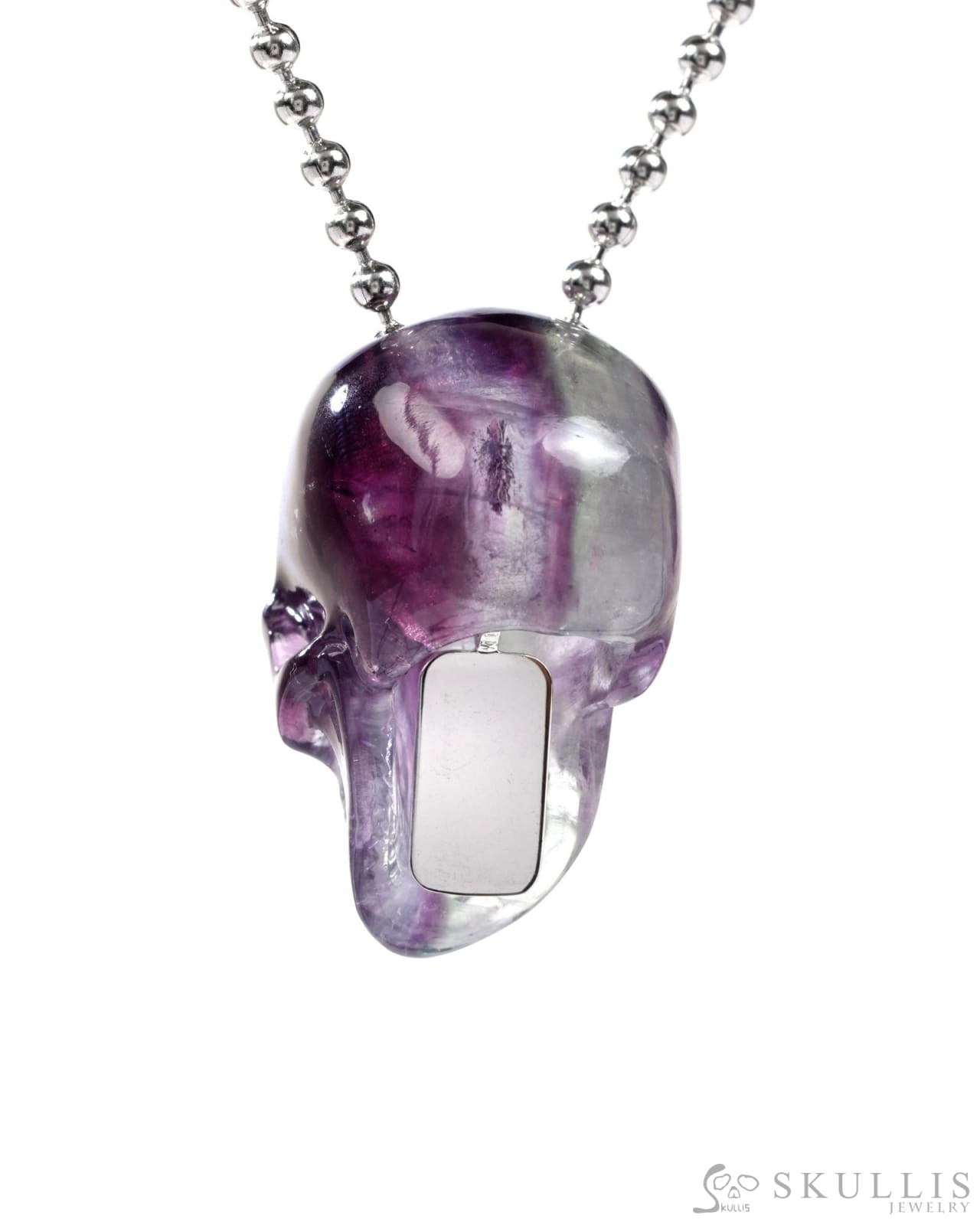Gem Skull Pendant Necklace of Fluorite Carved Skull with 925 Sterling Silver Chain - 9500239 One of a Kind