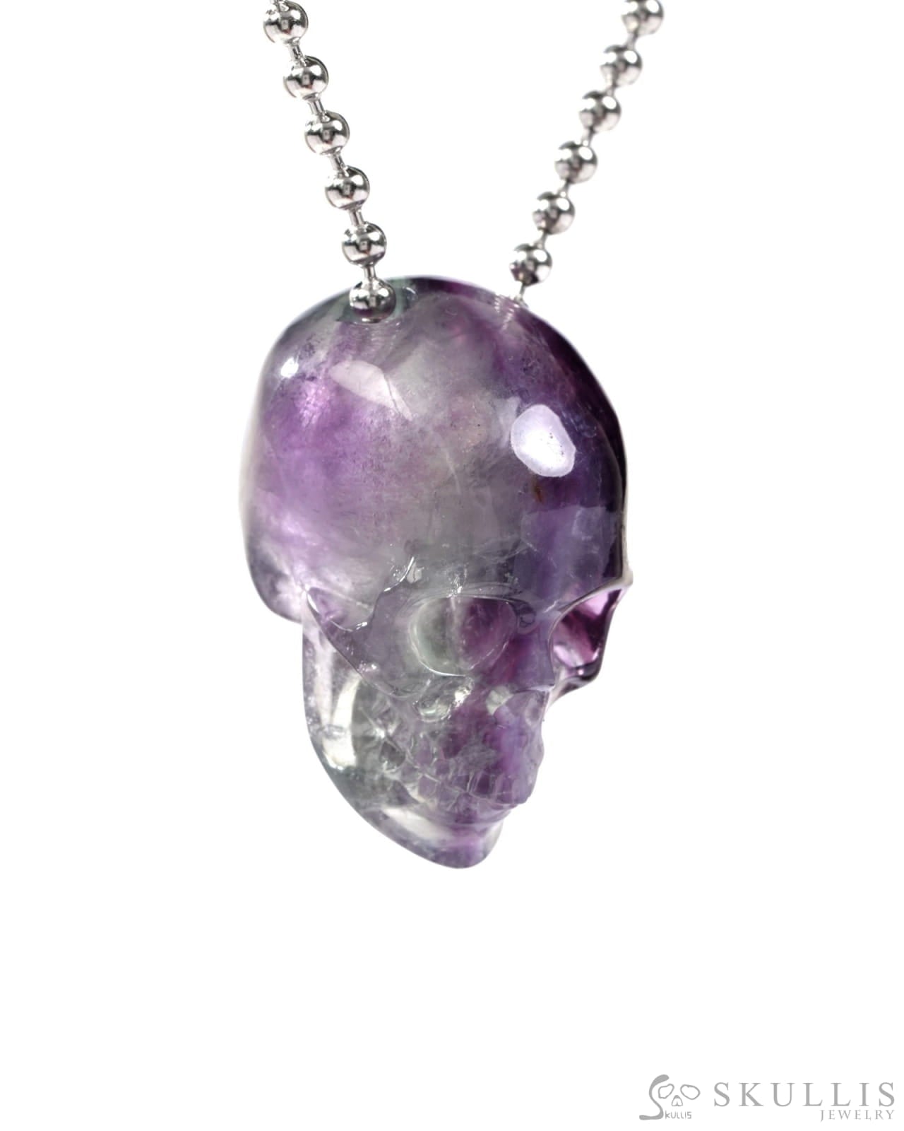 Gem Skull Pendant Necklace of Fluorite Carved Skull with 925 Sterling Silver Chain - 9500239 One of a Kind