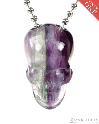 Gem Skull Pendant Necklace of Fluorite Carved Skull with 925 Sterling Silver Chain - 9500239 One of a Kind