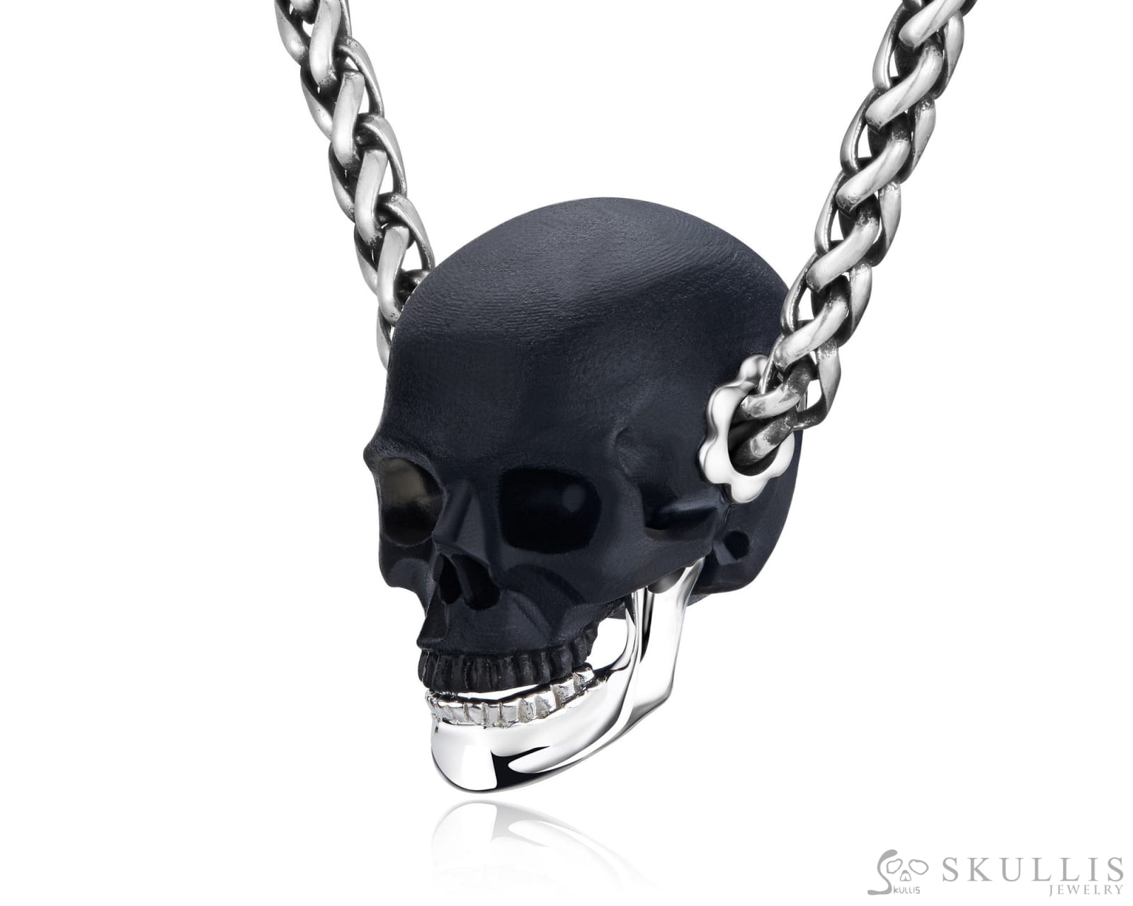 Gem Skull Pendant Necklace of Frosted Black Obsidian Crystal Carved Skull with Detachable Silver Jaw in Sterling Silver