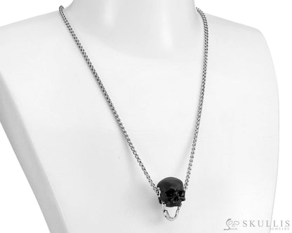 Gem Skull Pendant Necklace Of  Frosted Black Obsidian Crystal Carved Skull With Detachable