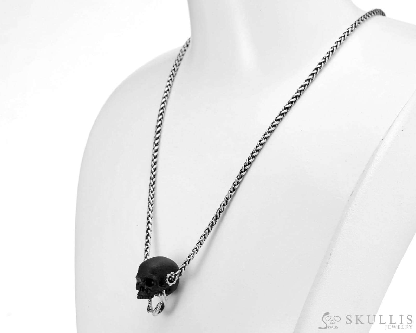 Gem Skull Pendant Necklace Of  Frosted Black Obsidian Crystal Carved Skull With Detachable