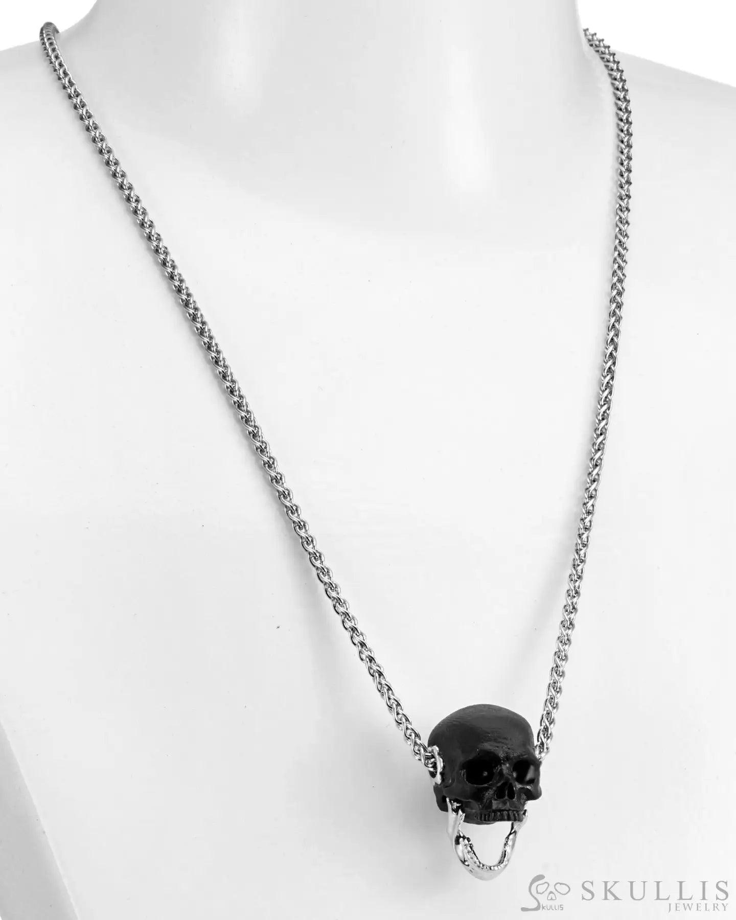 Gem Skull Pendant Necklace Of  Frosted Black Obsidian Crystal Carved Skull With Detachable