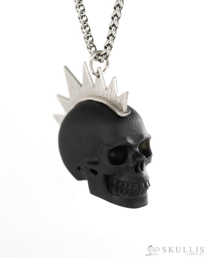Gem Skull Pendant Necklace of Frosted Black Obsidian Crystal Carved Skull with Punk Hair in Sterling Silver - 9900439