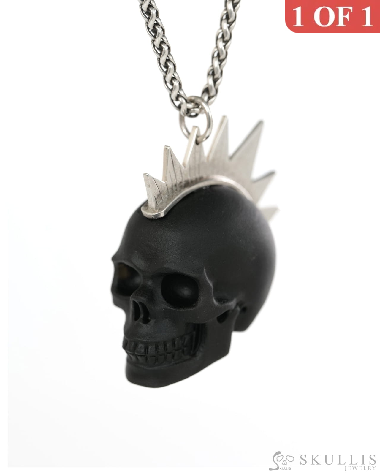Gem Skull Pendant Necklace of Frosted Black Obsidian Crystal Carved Skull with Punk Hair in Sterling Silver - 9900439