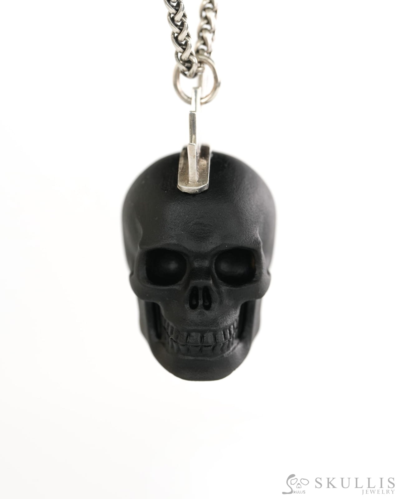 Gem Skull Pendant Necklace of Frosted Black Obsidian Crystal Carved Skull with Punk Hair in Sterling Silver - 9900439