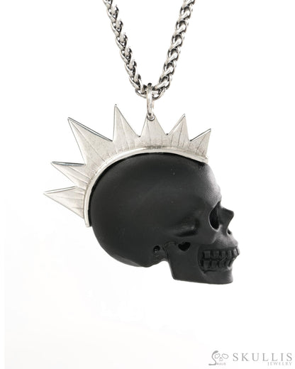 Gem Skull Pendant Necklace of Frosted Black Obsidian Crystal Carved Skull with Punk Hair in Sterling Silver - 9900439