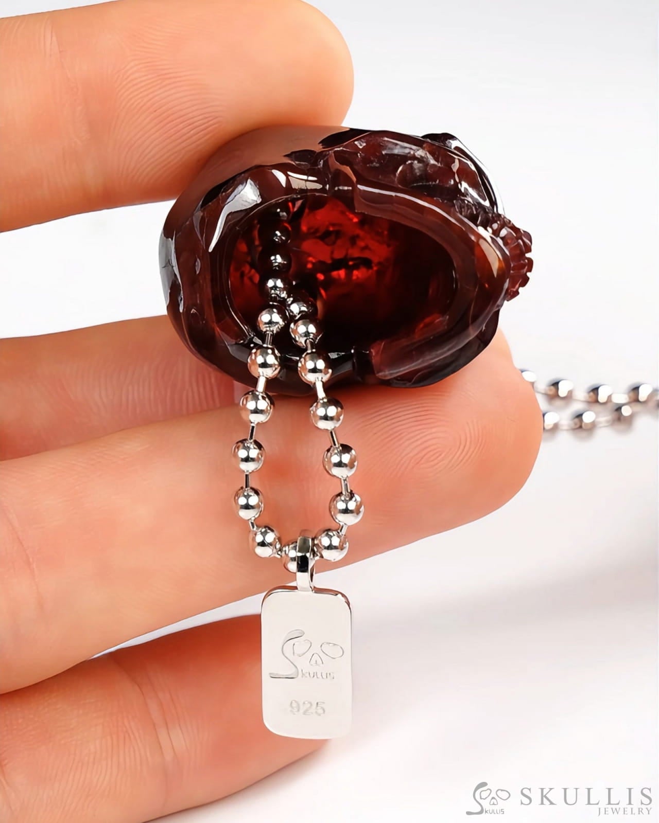 Gem Skull Pendant Necklace of Garnet Carved Hollow Skull with 925 Sterling Silver Chain - ZR19500389 Skull Pendants