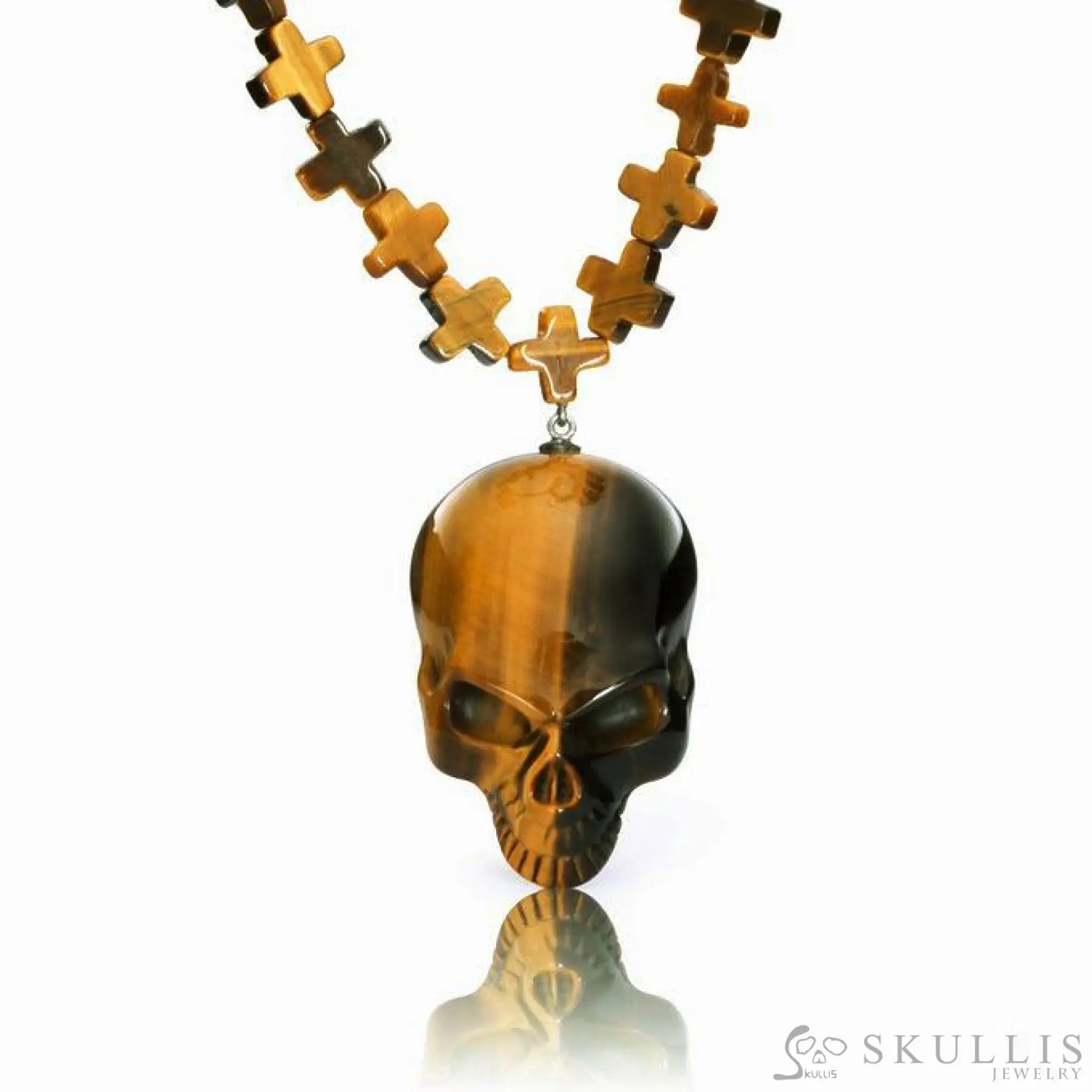 Gem Skull Pendant Necklace Of Gold Tiger Eye Carved Skull With Cross Chain Skull Pendants