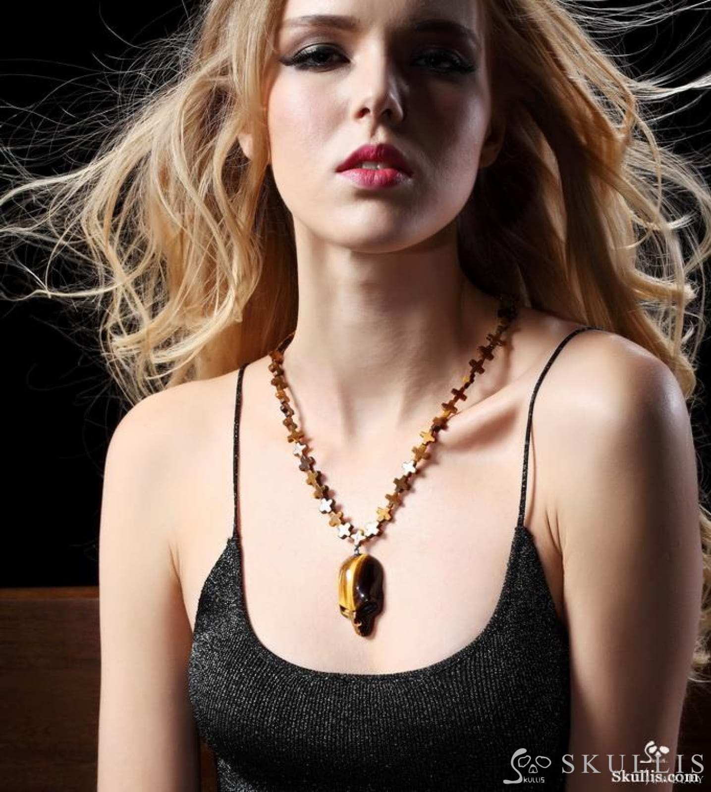 Gem Skull Pendant Necklace Of Gold Tiger Eye Carved Skull With Cross Chain Skull Pendants