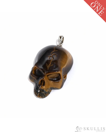 Gem Skull Pendant Necklace Of Gold Tiger Eye Crystal Carved Skull With Detachable Silver