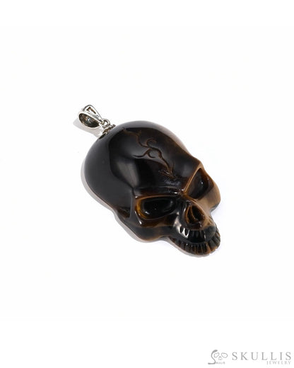 Gem Skull Pendant Necklace Of Gold Tiger Eye Crystal Carved Skull With Detachable Silver