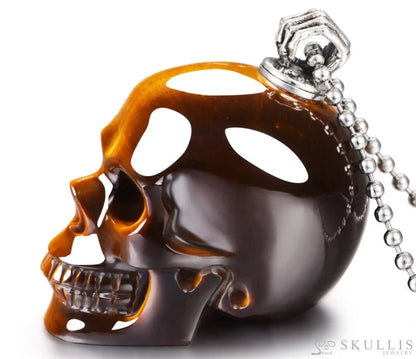 Gem Skull Pendant Necklace Of Gold Tiger’s Eye Carved Skull With Perfume Bottle In