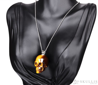 Gem Skull Pendant Necklace Of Gold Tiger’s Eye Carved Skull With Perfume Bottle In