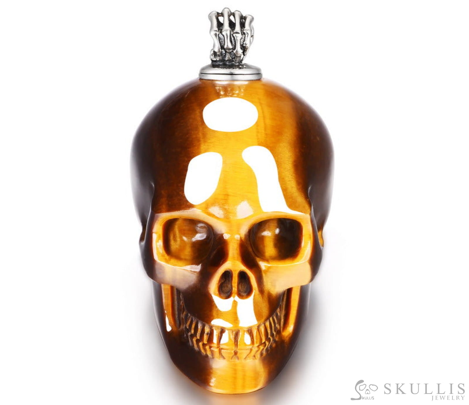 Gem Skull Pendant Necklace Of Gold Tiger’s Eye Carved Skull With Perfume Bottle In