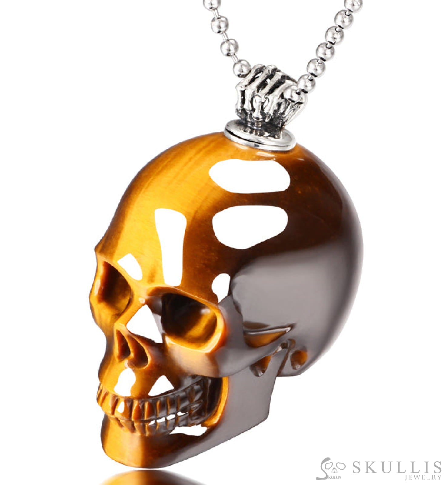 Gem Skull Pendant Necklace Of Gold Tiger’s Eye Carved Skull With Perfume Bottle In