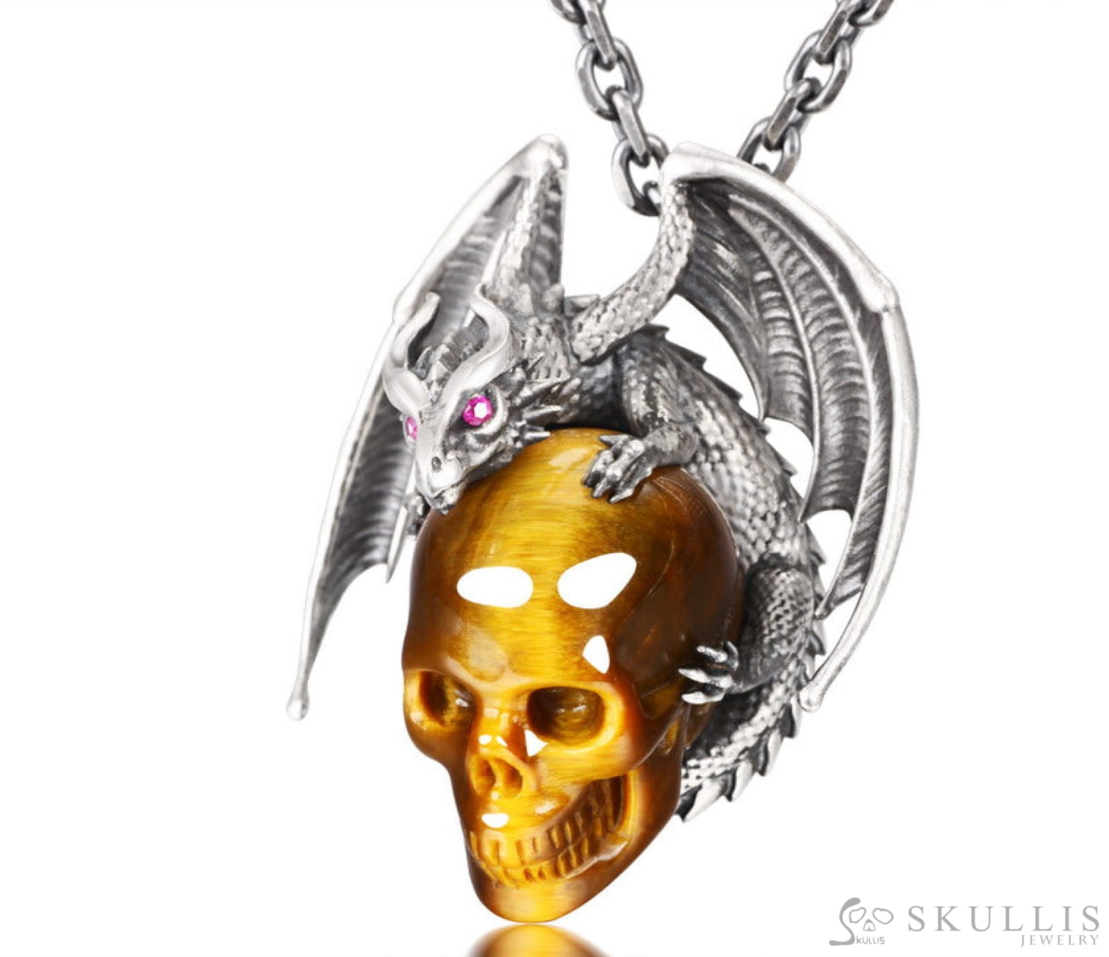 Gem Skull Pendant Necklace Of Gold Tiger’s Eye Carved Skull With Ruby - Eye Dragon In 925