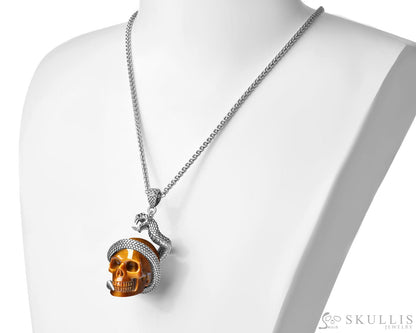 Gem Skull Pendant Necklace of Gold Tiger’s Eye Crystal Carved Skull with 925 Sterling Silver Snake Skull Pendants