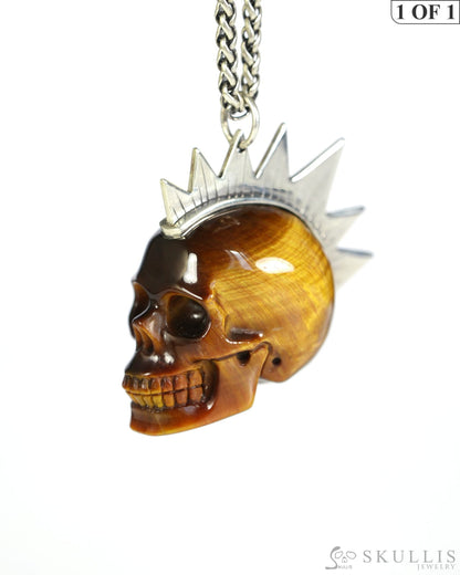 Gem Skull Pendant Necklace of Gold Tiger’s Eye Crystal Carved Skull with Punk Hair in Sterling Silver - 9900437 - Skull