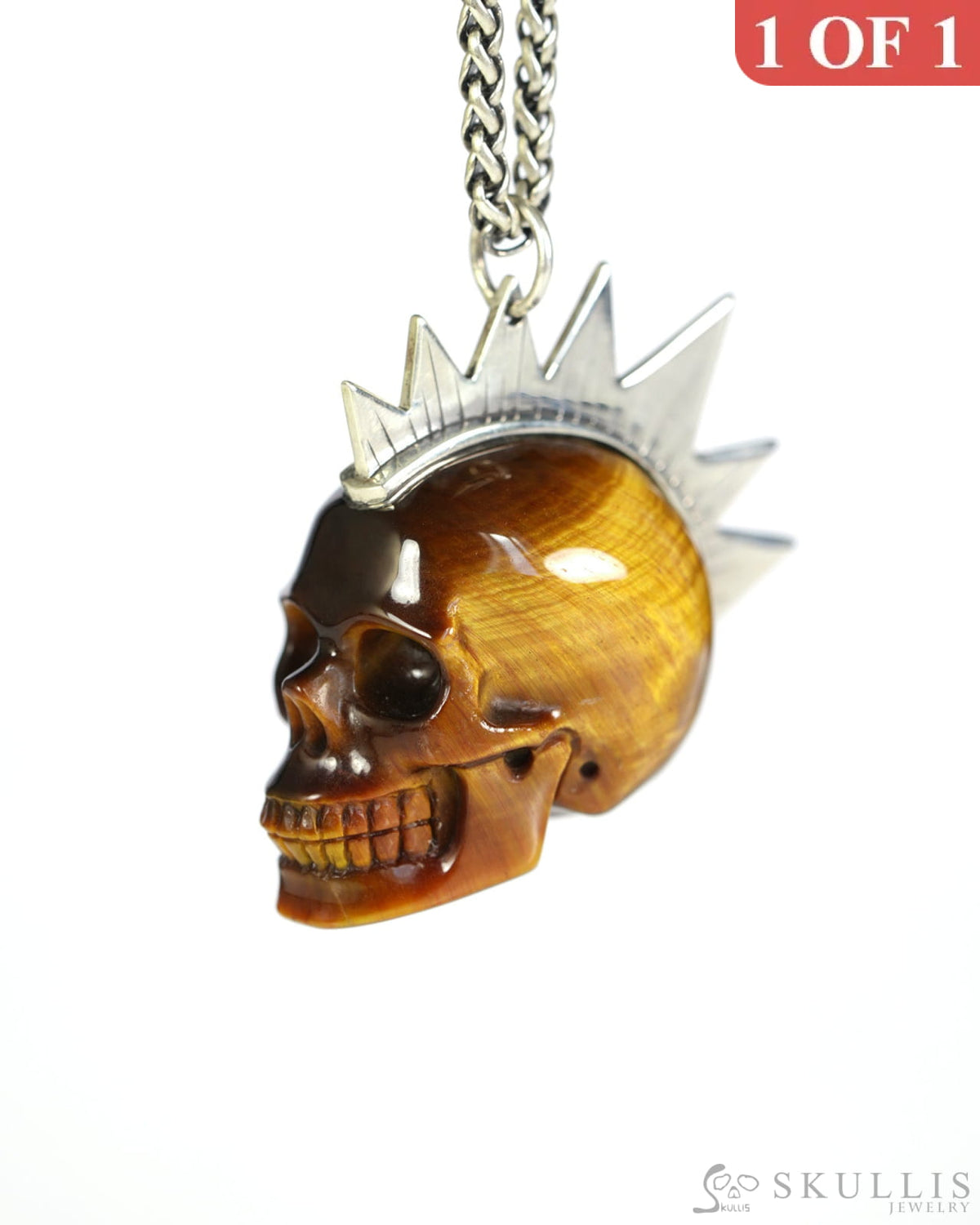 Gem Skull Pendant Necklace of Gold Tiger’s Eye Crystal Carved Skull with Punk Hair in Sterling Silver - 9900437 - Skull
