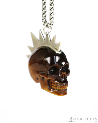 Gem Skull Pendant Necklace of Gold Tiger’s Eye Crystal Carved Skull with Punk Hair in Sterling Silver - 9900437 - Skull