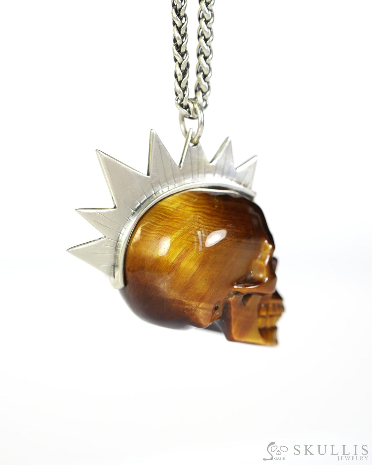Gem Skull Pendant Necklace of Gold Tiger’s Eye Crystal Carved Skull with Punk Hair in Sterling Silver - 9900437 - Skull