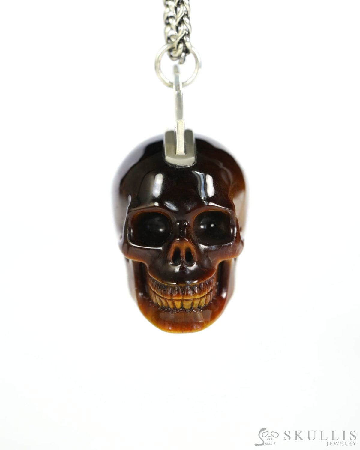 Gem Skull Pendant Necklace of Gold Tiger’s Eye Crystal Carved Skull with Punk Hair in Sterling Silver - 9900437 - Skull