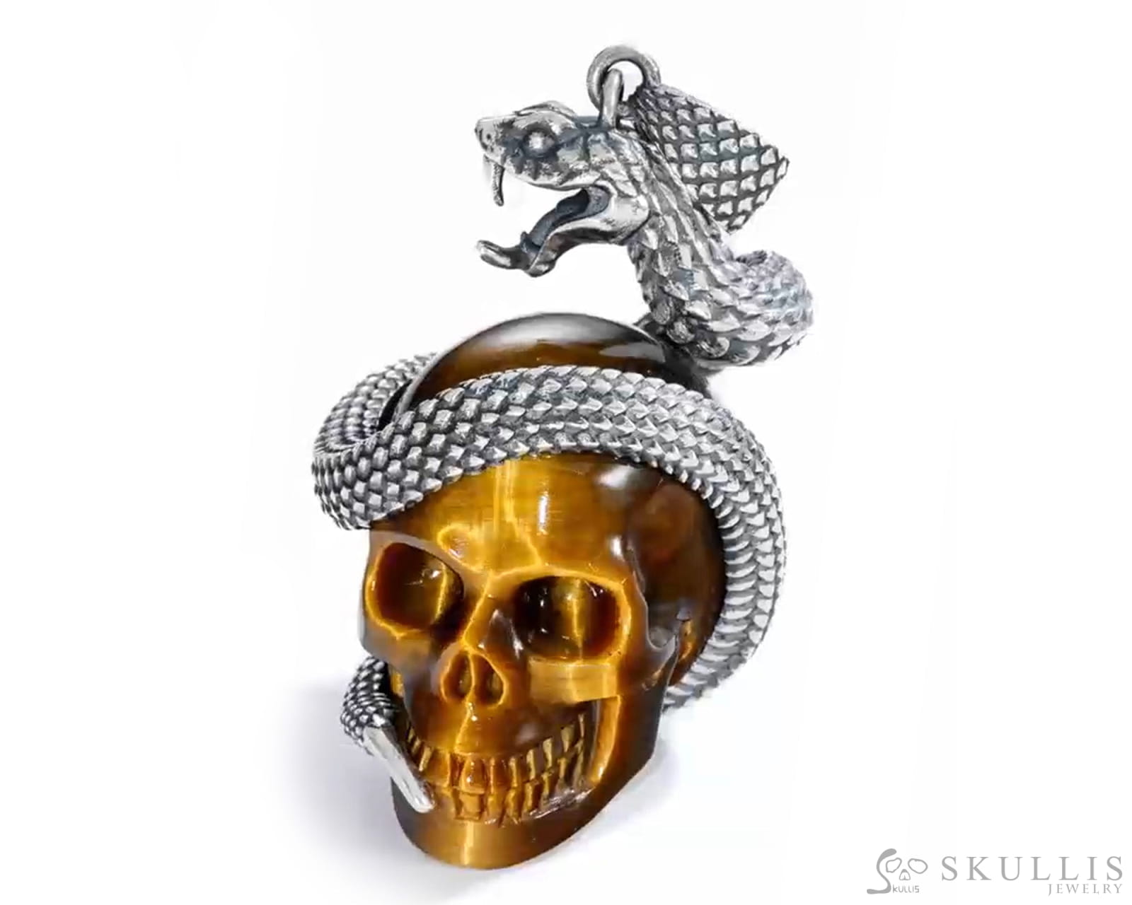 Gem Skull Pendant Necklace of Gold Tiger’s Eye Crystal Carved Skull with Sterling Silver Snake