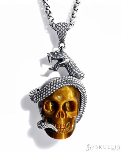 Gem Skull Pendant Necklace of Gold Tiger’s Eye Crystal Carved Skull with Sterling Silver Snake